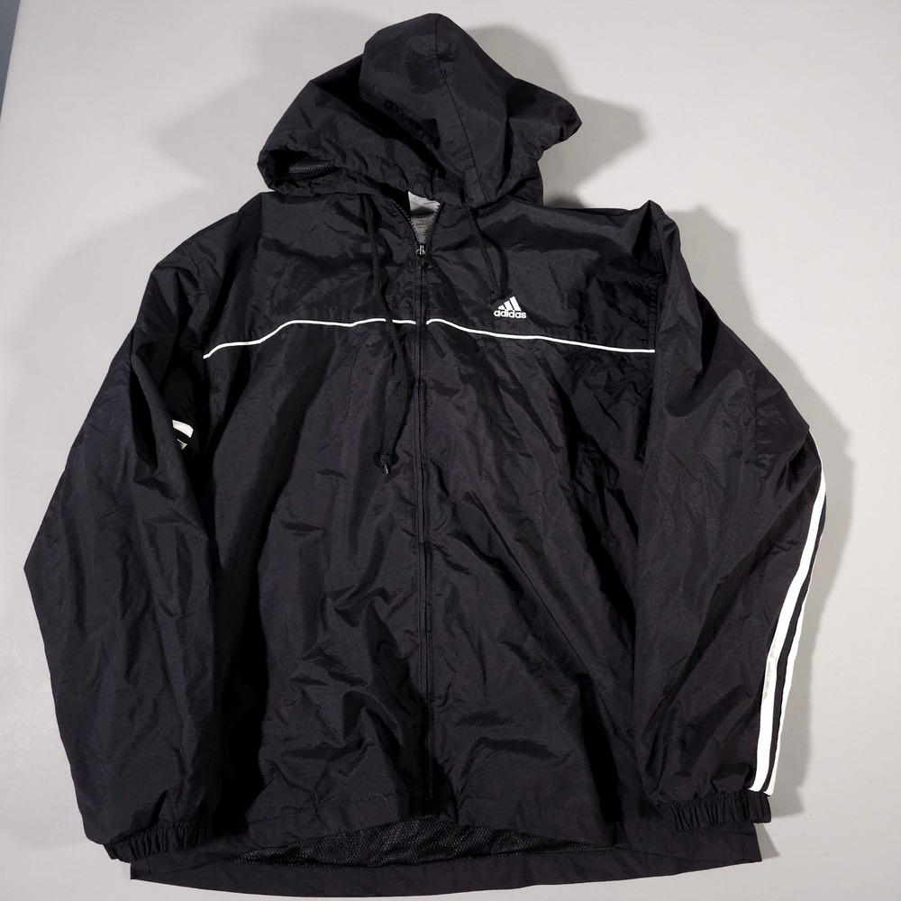 Adidas Windbreaker Jacket Mens Largeβ Black White 3 Stripe Hooded AHN 001
